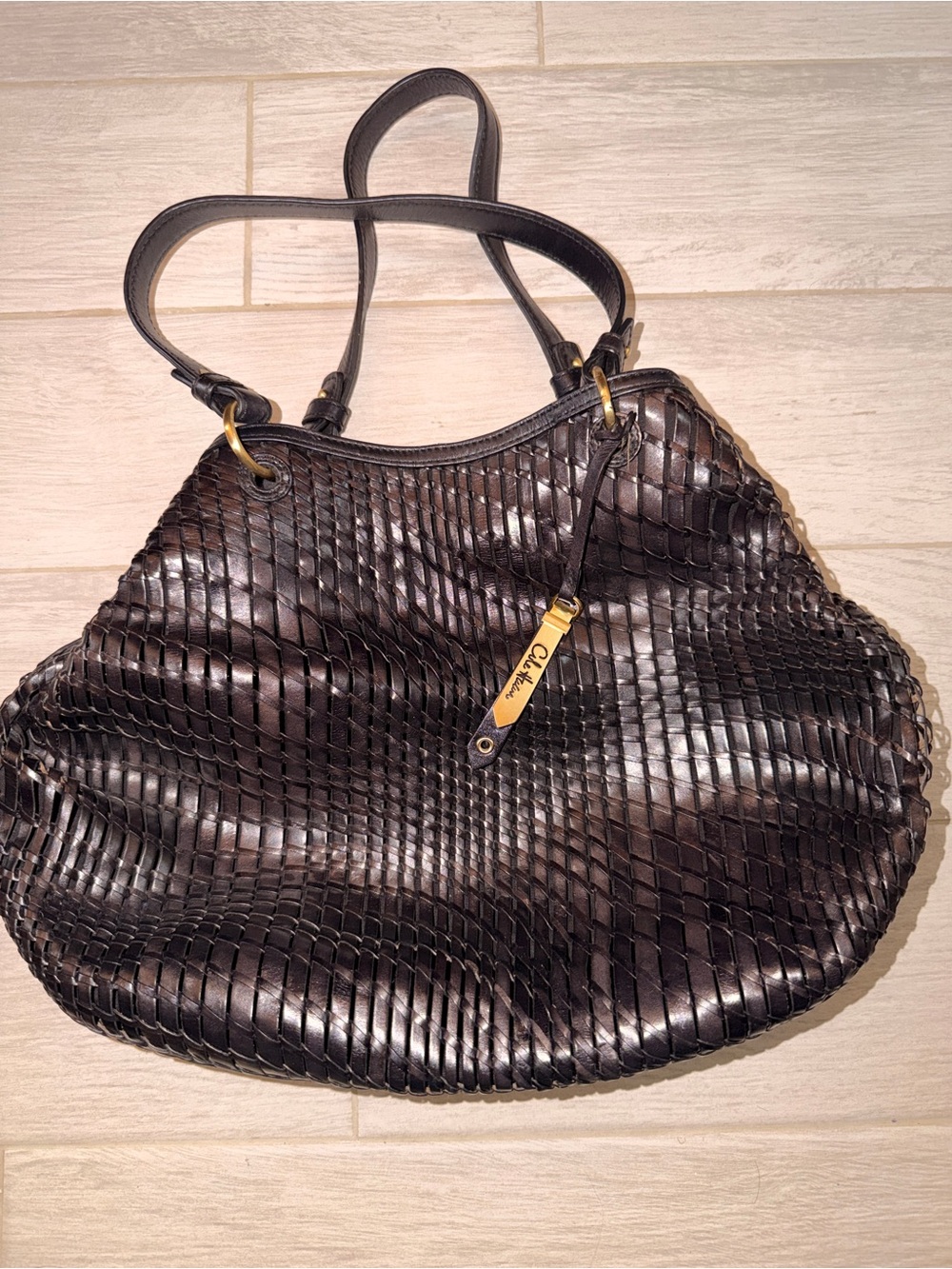 Cole Haan Black Woven Leather Shoulder Bag with Gold Accent
